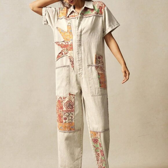 Khaki Casual Women's Boho Western Cowgirl Style Floral Patchwork Jumpsuit - Picture 4 of 7
